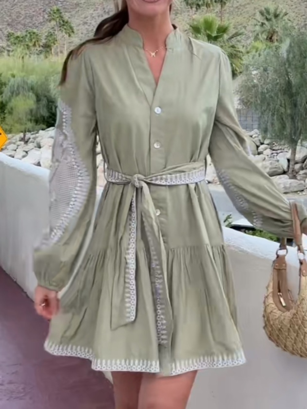 7 For All Mankind Light Sage Green Long Sleeve Tie-Waist Mini Dress size small